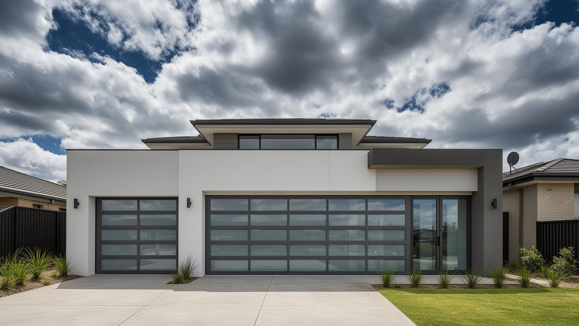 Modern contemporary home with aluminum glass panel garage doors in New London, CT