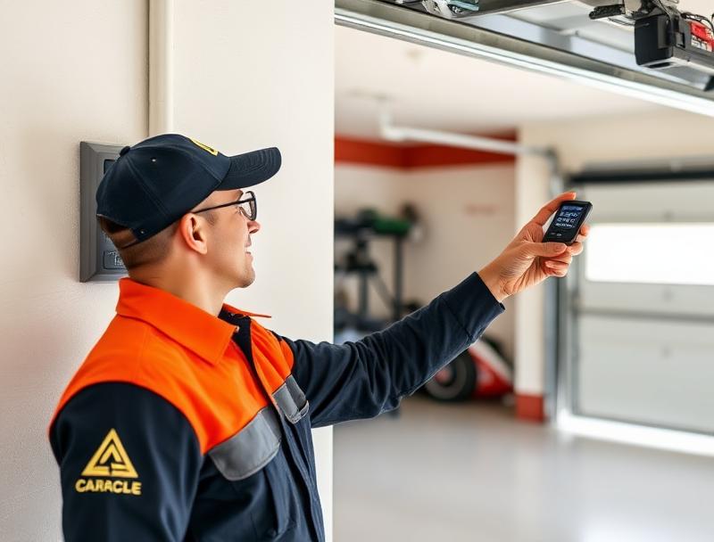 Professional garage door technician programming opener in New London, CT